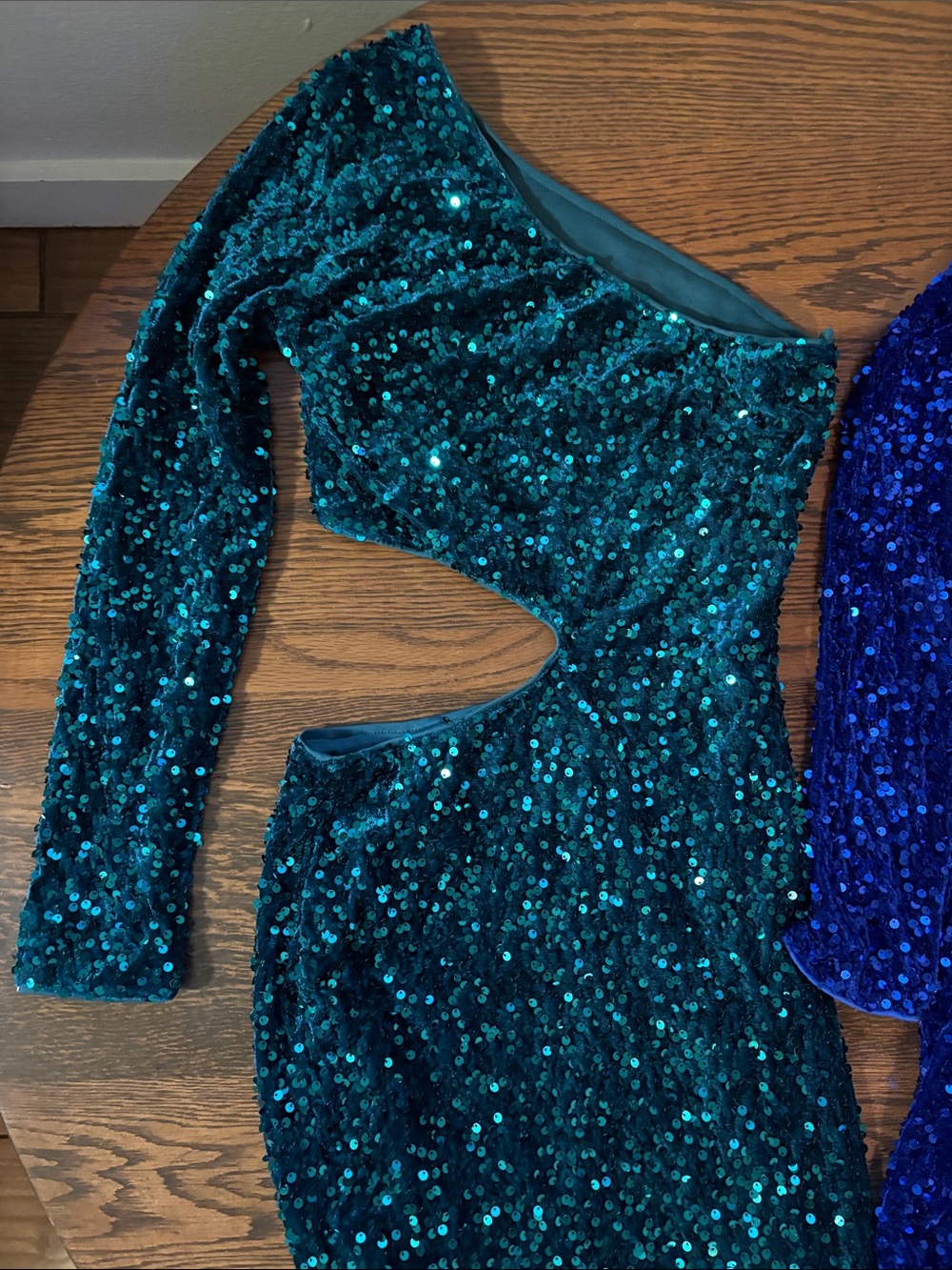 Two Woman’s Sequin One-Shoulder Cutout Dress - Teal and Royal Blue - Picture 3 of 11